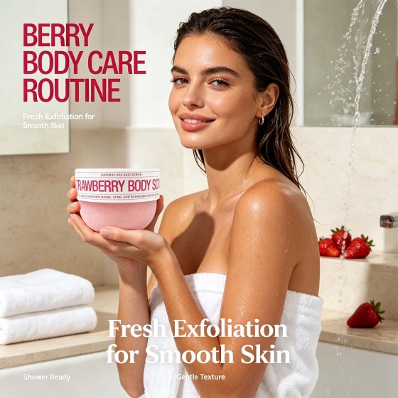 Strawberry Sea Salt Body Scrub, Gentle Exfoliating Scrub for Ingrown Hair, Rough Skin & Blemishes, Skin Smoothing Body Exfoliator