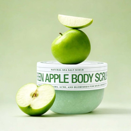 Green Apple Sea Salt Body Scrub, Refreshing Exfoliating Scrub for Ingrown Hair, Rough Skin & Blemishes, Brightening Body Exfoliator