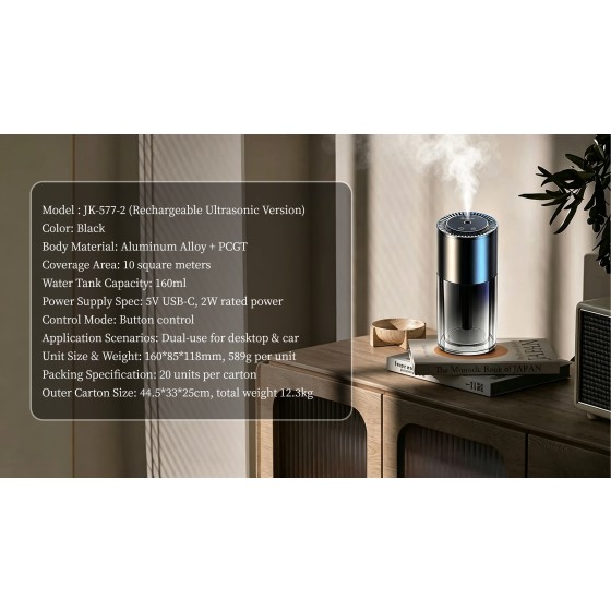 JK‑577‑2 Rechargeable Ultrasonic Aroma Diffuser Dual‑Use for Car & Desktop