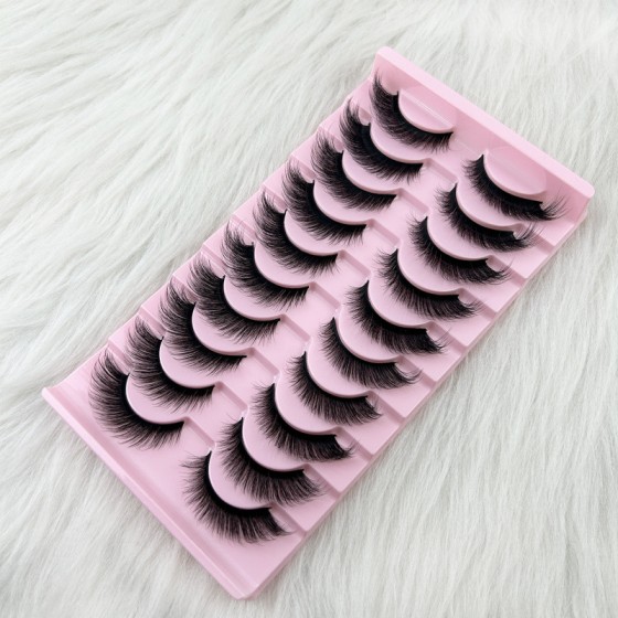 Cross-border full-strip false eyelashes (10-pair pack): "Cat-eye" style with elongated outer corners and voluminous, flared "fox-eye" effect—designed for Western markets.