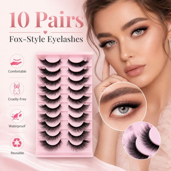 Cross-border full-strip false eyelashes (10-pair pack): "Cat-eye" style with elongated outer corners and voluminous, flared "fox-eye" effect—designed for Western markets.