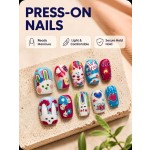 Cute Graffiti Bunny Press‑On Nails, Short Square Colorful Hand‑Painted Cartoon Sweet Girl Aesthetic False Nails