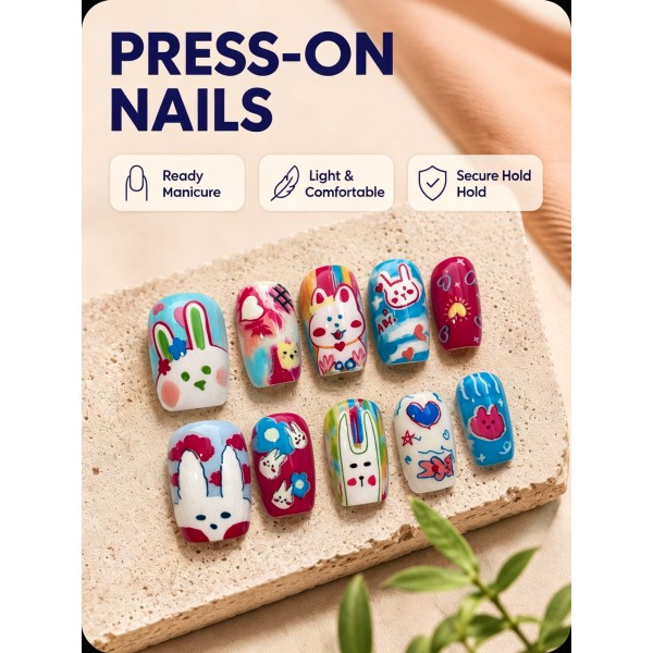 Cute Graffiti Bunny Press‑On Nails, Short Square Colorful Hand‑Painted Cartoon Sweet Girl Aesthetic False Nails