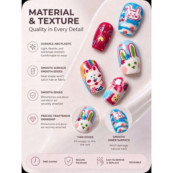 Cute Graffiti Bunny Press‑On Nails, Short Square Colorful Hand‑Painted Cartoon Sweet Girl Aesthetic False Nails