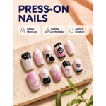 Sweet‑Cool Pink‑Black Cat Press‑On Nails, Medium‑Short Square Checkered Heart Paw Cute Girl Aesthetic False Nails