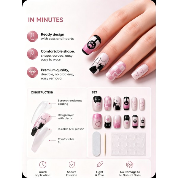 Sweet‑Cool Pink‑Black Cat Press‑On Nails, Medium‑Short Square Checkered Heart Paw Cute Girl Aesthetic False Nails