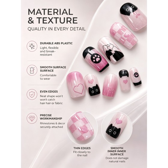 Sweet‑Cool Pink‑Black Cat Press‑On Nails, Medium‑Short Square Checkered Heart Paw Cute Girl Aesthetic False Nails