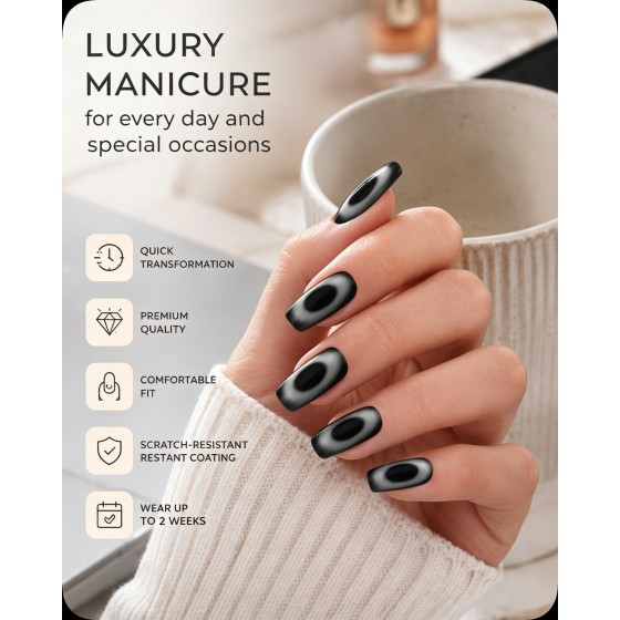 Cool‑toned Black‑Grey Gradient Aperture Press‑On Nails, Medium‑Long T Shape Matte Metallic Cat‑Eye Vibe False Nails