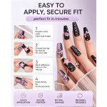 Sweet‑Cool Cartoon Press‑On Nails, Long Ballet Nails with Bow, Star & Heart Print Matte False Nails