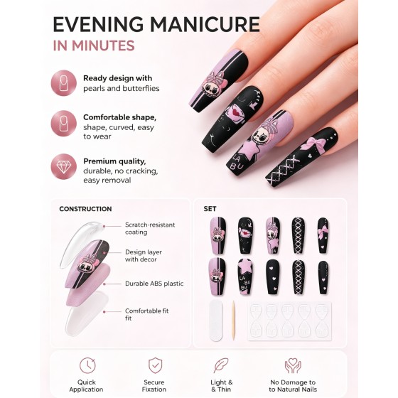 Sweet‑Cool Cartoon Press‑On Nails, Long Ballet Nails with Bow, Star & Heart Print Matte False Nails
