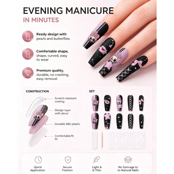 Sweet‑Cool Cartoon Press‑On Nails, Long Ballet Nails with Bow, Star & Heart Print Matte False Nails