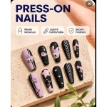 Sweet‑Cool Cartoon Press‑On Nails, Long Ballet Nails with Bow, Star & Heart Print Matte False Nails