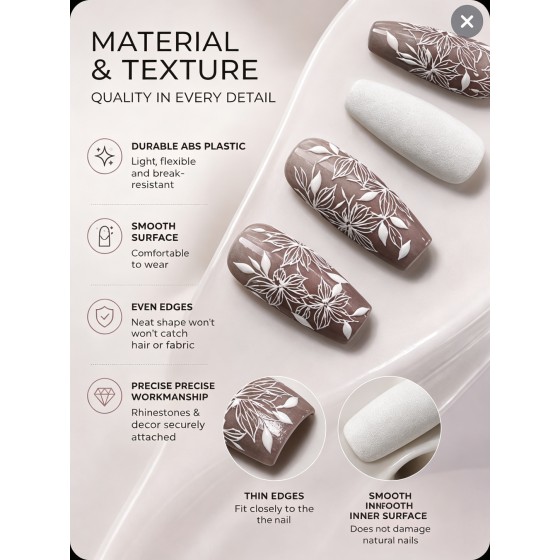 Nude‑Coffee Embossed White Floral Press‑On Nails, Long Ballet Nails Gentle Art‑Style White Flower Print False Nails