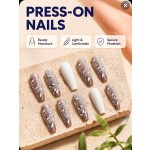 Nude‑Coffee Embossed White Floral Press‑On Nails, Long Ballet Nails Gentle Art‑Style White Flower Print False Nails