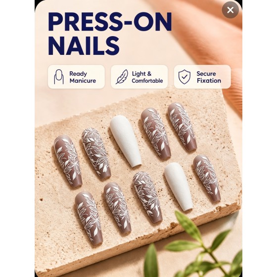 Nude‑Coffee Embossed White Floral Press‑On Nails, Long Ballet Nails Gentle Art‑Style White Flower Print False Nails