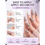 Nude‑Coffee Embossed White Floral Press‑On Nails, Long Ballet Nails Gentle Art‑Style White Flower Print False Nails