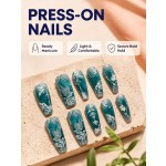 Dark‑Green Embossed Angel & Rose Press‑On Nails, Long Ballet Nails Retro Dark‑Style 3D White Carved False Nails