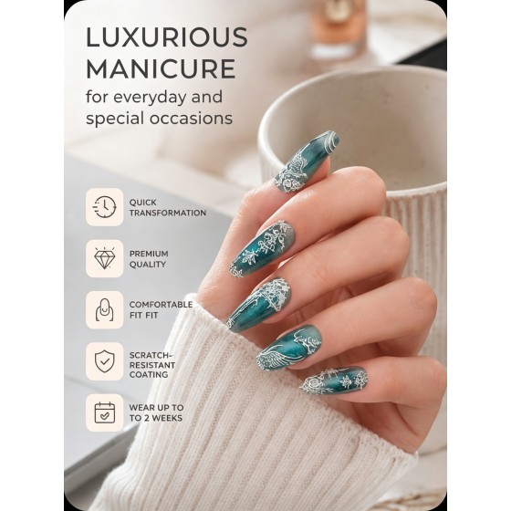 Dark‑Green Embossed Angel & Rose Press‑On Nails, Long Ballet Nails Retro Dark‑Style 3D White Carved False Nails