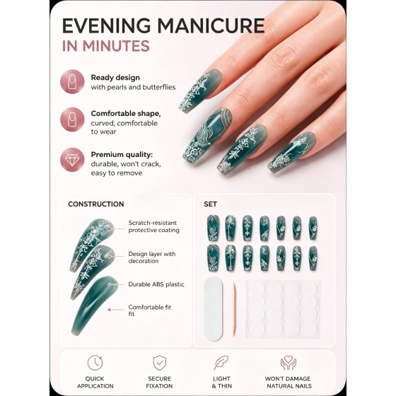 Dark‑Green Embossed Angel & Rose Press‑On Nails, Long Ballet Nails Retro Dark‑Style 3D White Carved False Nails