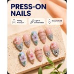 Pink‑Blue 3D Flower Rhinestone Press‑On Nails, Medium‑Long Almond Nails Sweet Girly Style Inlaid Rhinestone Chain False Nails