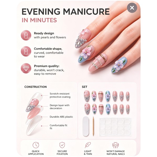 Pink‑Blue 3D Flower Rhinestone Press‑On Nails, Medium‑Long Almond Nails Sweet Girly Style Inlaid Rhinestone Chain False Nails