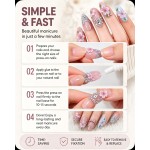 Pink‑Blue 3D Flower Rhinestone Press‑On Nails, Medium‑Long Almond Nails Sweet Girly Style Inlaid Rhinestone Chain False Nails