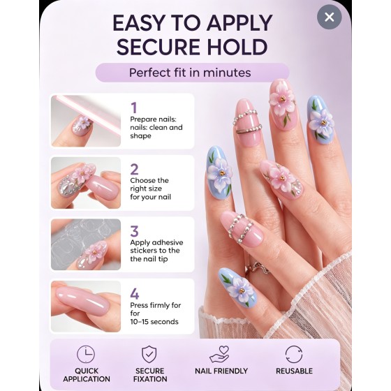 Pink‑Blue 3D Flower Rhinestone Press‑On Nails, Medium‑Long Almond Nails Sweet Girly Style Inlaid Rhinestone Chain False Nails