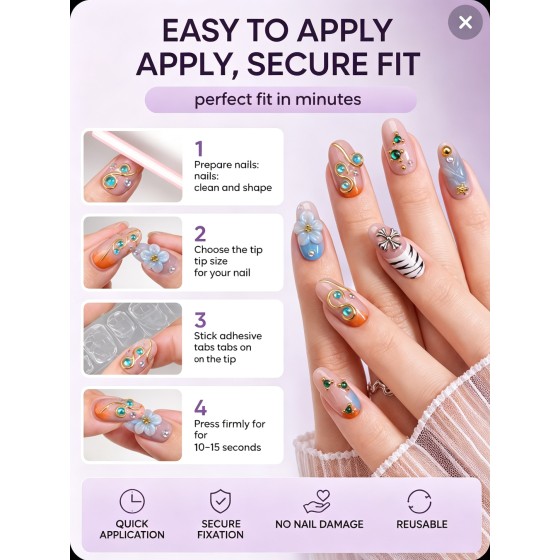 Orange‑Blue Gradient 3D Flower Press‑On Nails, Medium‑Long Almond Nails Personalized Zebra Print Chrome Heart Metal Rhinestone False Nails