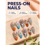 Orange‑Blue Gradient 3D Flower Press‑On Nails, Medium‑Long Almond Nails Personalized Zebra Print Chrome Heart Metal Rhinestone False Nails
