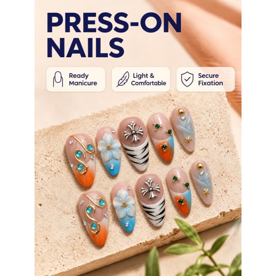 Orange‑Blue Gradient 3D Flower Press‑On Nails, Medium‑Long Almond Nails Personalized Zebra Print Chrome Heart Metal Rhinestone False Nails