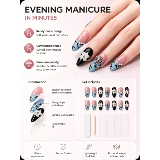 Black‑Pink‑Blue Contrast Press‑On Nails, Medium‑Long Almond Nails 3D White Flower Chrome Heart Metal Rhinestone Luxury False Nails