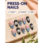 Black‑Pink‑Blue Contrast Press‑On Nails, Medium‑Long Almond Nails 3D White Flower Chrome Heart Metal Rhinestone Luxury False Nails