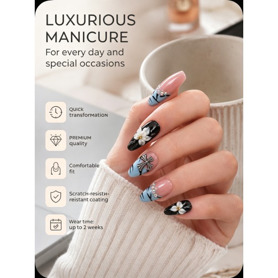 Black‑Pink‑Blue Contrast Press‑On Nails, Medium‑Long Almond Nails 3D White Flower Chrome Heart Metal Rhinestone Luxury False Nails