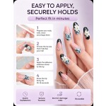 Black‑Pink‑Blue Contrast Press‑On Nails, Medium‑Long Almond Nails 3D White Flower Chrome Heart Metal Rhinestone Luxury False Nails