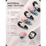 Black‑Pink‑Blue Contrast Press‑On Nails, Medium‑Long Almond Nails 3D White Flower Chrome Heart Metal Rhinestone Luxury False Nails