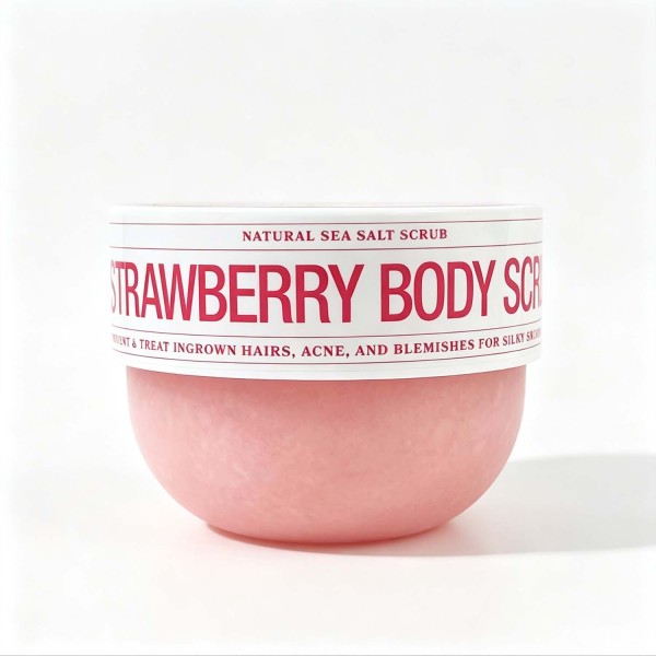 Strawberry Sea Salt Body Scrub, Gentle Exfoliating Scrub for Ingrown Hair, Rough Skin & Blemishes, Skin Smoothing Body Exfoliator